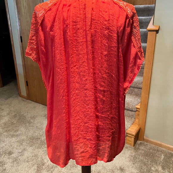 Women's Cap Sleeve Tie Front Blouse with Lace Inset - Picture 14 of 15